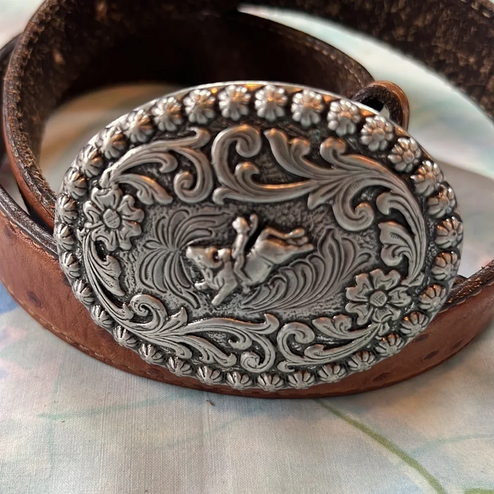 Wrangler Kids Brown Leather Belt with Silver Floral Oval Buckle